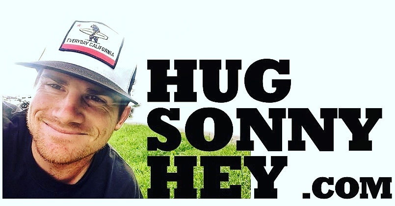 The HUG SONNY HEY .com wordmark beside a selfie of Sonny in a trucker hat